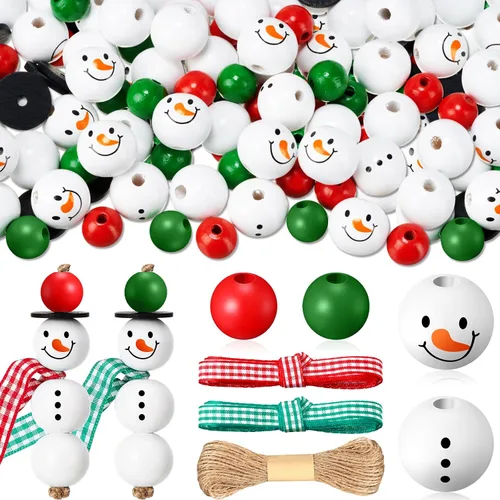 Miniatura 11 de 180 piezas de cuentas de madera de muñeco de nieve de Navidad con estampado de tartán de búfalo de Navidad, cuentas de madera redondas de invierno
