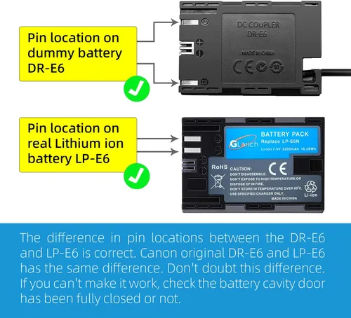 Miniatura 5 de Glorich ACK-E6 Adaptador de corriente de CA DR-E6 Acoplador DC LP-E6 LP-E6N Kit de fuente de alimentación de batería ficticia para cámaras Canon EOS