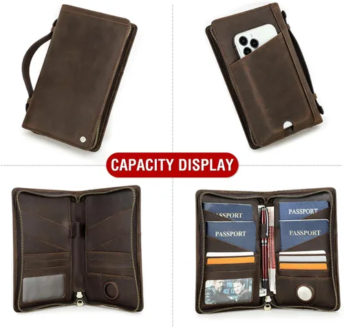 Miniatura 7 de Funda de cuero de grano superior para pasaporte de viaje para hombre y mujer, hecha a mano para 4 pasaportes y múltiples tarjetas, bloqueo RFID