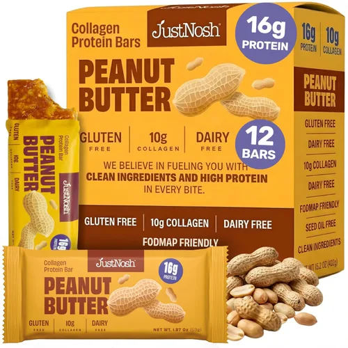 JUSTNOSH Peanut Butter - Barras de proteína de colágeno, 0.63 onzas de proteína, 0.35 onzas de colágeno, sin gluten y lácteos, bajo FODMAP, sin
