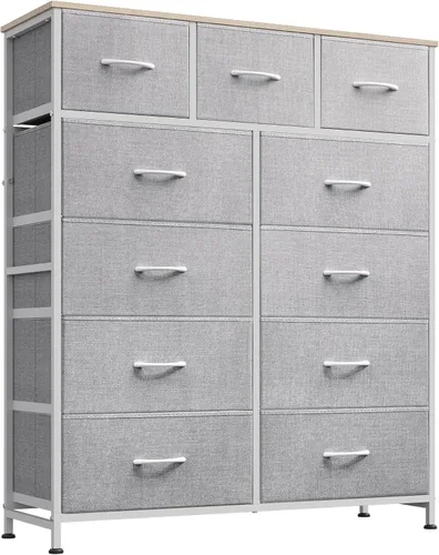 Miniatura 10 de WLIVE Cómoda alta para dormitorio, torre de almacenamiento de aparadores de tela, cómoda y cómoda con 11 cajones, armario de almacenamiento, Gris