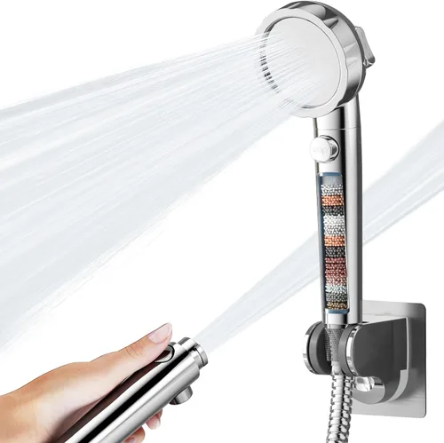 HANLIAN On/Off Pause Camper Shower Head with Filters, Detachable Shower Head with Filter, High Pressure RV Shower Heads with Hose and Self-adhesive