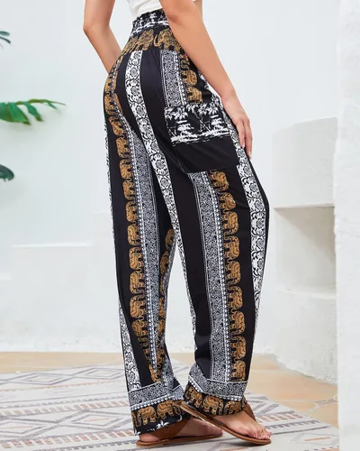 Miniatura 2 de QIANXIZHAN - Pantalones deportivos de tiro alto para mujer, diseño estilo harén bohemio con bolsillos, para yoga