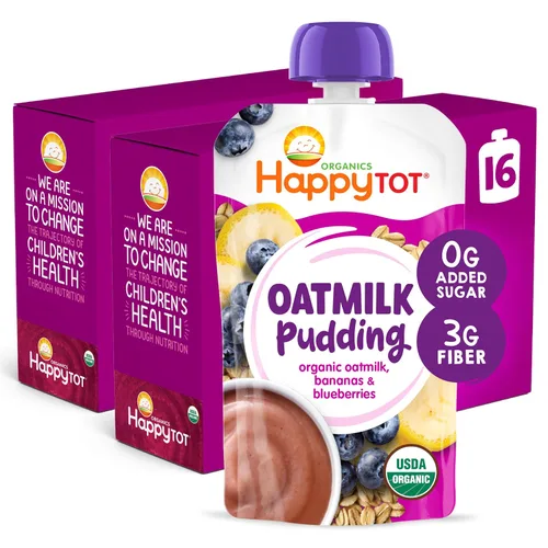 HAPPYTOT Organics Pudín de leche de avena, sin lácteos, aperitivo para niños pequeños etapa 4, leche de avena, plátanos y arándanos, bolsa de 4