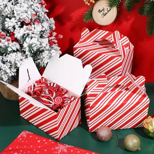 Miniatura 3 de Cholemy 50 piezas de cajas de regalo de Navidad con asa, cajas de diseño rojo y blanco, cajas de galletas y dulces de Navidad, cajas de papel