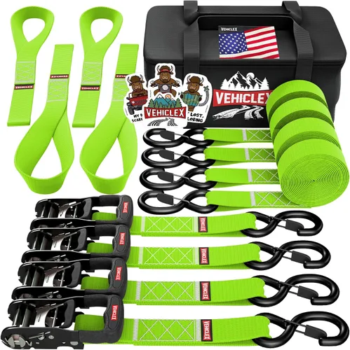 Miniatura 12 de Vehiclex Correas de amarre de trinquete para motocicleta con bucles suaves - 4PK Kit de servicio pesado de 1.5" x 8ft, resistencia de rotura de Negro