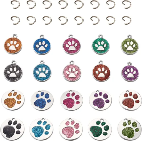 Miniatura 18 de Abalorio esmaltado con estampado de pata de perro y gato con purpurina en polvo de aleación de esmalte de gato y perro, dijes para llavero, joyería