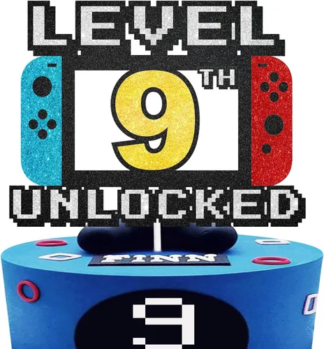 Level Up - Decoración para tarta, letrero de juego de nivel 9, decoración de fiesta temática para videojuegos, suministros de fiesta para niños y