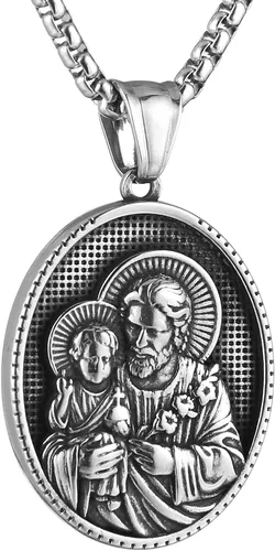 Miniatura 14 de HZMAN Collar de acero inoxidable de San José/María/Jesús para hombres y mujeres, medalla cristiana, amuleto, colgante, joyería de regalo