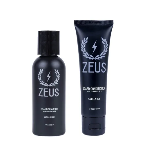 ZEUS Combo de champú y acondicionador para barba de viaje para hombres, juego de aseo con té verde y aceites esenciales, suaviza, hidrata e hidrata