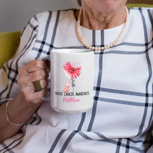 Miniatura 6 de Taza de café de concientización sobre el cáncer de mama con nombre personalizado, taza de café de 11 onzas, taza de té de cerámica blanca