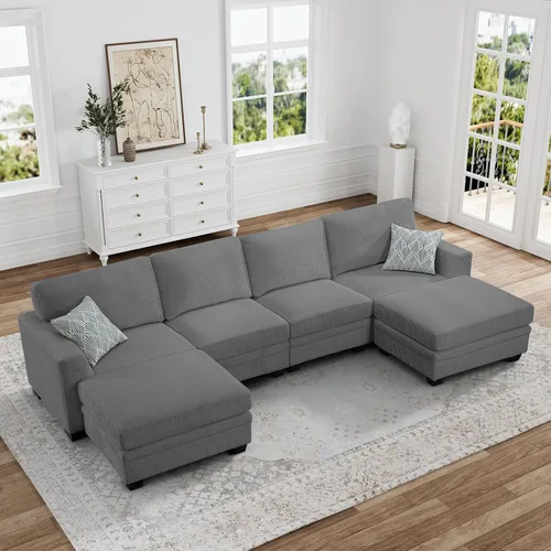 Miniatura 22 de Legend Vansen Sofá modular de gran tamaño, sofá en forma de U de 7 asientos con otomana, sofá de pana con asiento profundo, sofás seccionales Gris