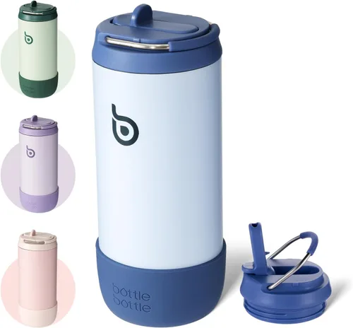 BOTTLE BOTTLE Botella de agua para niños de 12 onzas con aislamiento para niños, con tapa a prueba de fugas, bota de silicona, vaso con popote de