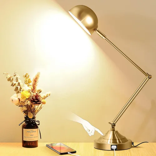 TOBUSA Architect - Lámpara de escritorio dorada regulable con puerto USB, control táctil ajustable, lámpara de escritorio vintage, 3 modos de color,