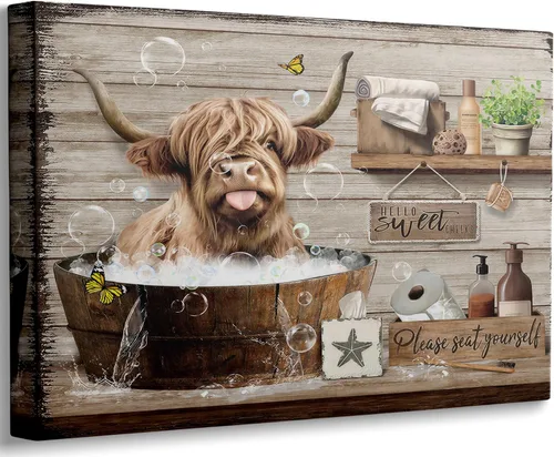 Miniatura 11 de Divertido arte de pared de baño de vaca de las tierras altas, rústico, color marrón, lindo animal, pintura, imagen, decoración de pared, ganado
