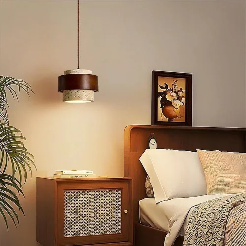 Miniatura 4 de Retro Solid Wood Hanging Lamp Nordic Cylinder Yellow Travertine Chandeliers Modern Small Bedroom Bedside Pendant Lights for Living Room Study