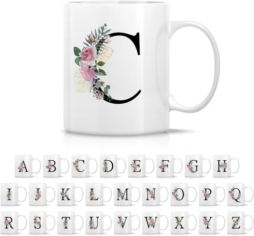 Miniatura 13 de Retreez Ramo botánico floral inicial A-Z con monograma, taza con monograma de cerámica de 11 onzas, regalo de agradecimiento de agradecimiento