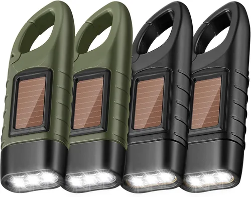 Mudder Paquete de 4 linternas de manivela de mano con energía solar, linterna LED recargable de emergencia, equipo de supervivencia, antorcha de