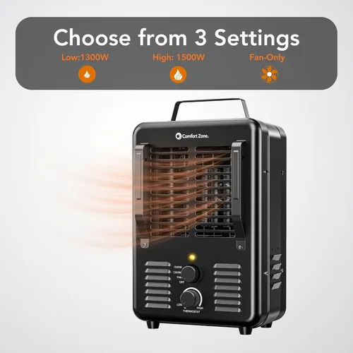 Miniatura 4 de Comfort Zone Calentador eléctrico portátil de 1,500 vatios estilo Milkhouse con termostato ajustable, protección contra sobrecalentamiento e Negro