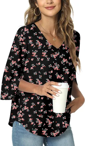 TAOHUADAO Womens 2023 Casual V-Neck Loose Tunic Top for leggings 34 Sleeve Chiffon Blouse Shirt Red Flower Black Tops
