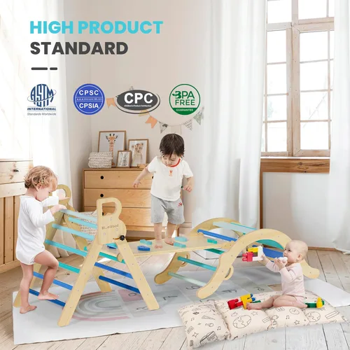 Miniatura 8 de BlueWood Conjunto de Triángulo Pikler con Cojín, Juguetes de Escalada 8 en 1 para Niños Pequeños, Gimnasio de Juegos de Filosofía Montessori