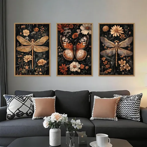 Miniatura 27 de Aryroi Juego de arte de pared en lienzo abstracto grande con marco floral, estilo bohemio, retro, neutro, flores silvestres, arte botánico de flores