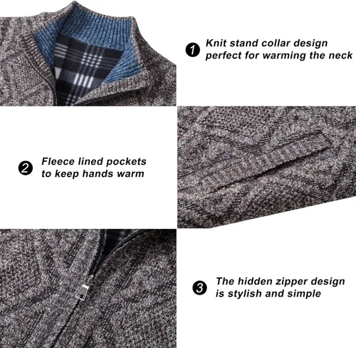 Miniatura 48 de VtuAOL Suéteres tipo cárdigan para hombre, con cremallera completa, cuello alto, cárdigan de punto casual con bolsillos