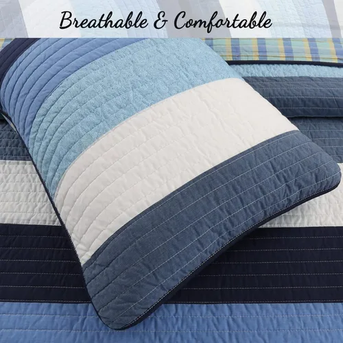 Miniatura 3 de Cozy Line Home Fashions Juego de ropa de cama acolchada reversible para niño de 100% algodón a rayas azul marino, colcha cubrecama para todas