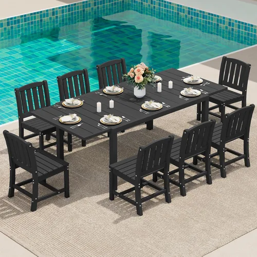Miniatura 19 de SERWALL Juego de comedor para exteriores de 9 piezas, mesa de comedor expandible de 60 a 83 pulgadas y 8 sillas de polietileno de alta densidad