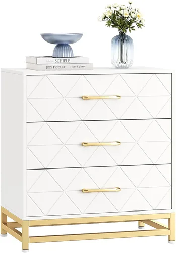 Jojoka Cómoda para dormitorio con 3 cajones, cómoda moderna, con cajones anchos y asas de metal, cómoda de madera para sala de estar, pasillo,