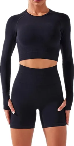 Conjuntos de 2 piezas sin costuras para yoga y entrenamiento - con ombliguera de manga corta y pantalones cortos de tiro alto para correr -