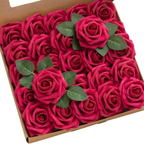 Miniatura 41 de Ling's moment Flores artificiales, 25 rosas turquesas decorativas con tallos, 3 pulgadas de espuma floral para ramo de boda, centros de mesa, fondo