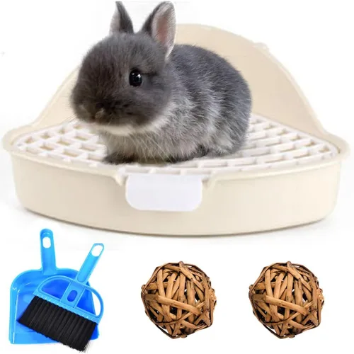 Miniatura 8 de Hamiledyi Caja de arena pequeña para conejo para jaula triangular, entrenador de orinal de esquina, conejo, inodoro, bandeja de plástico para Azul