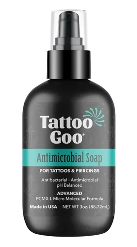 Tattoo Goo Jabón limpiador, 3 onzas, para el cuidado posterior de piercings y tatuajes, hidrata y limpia la suciedad, jabón equilibrado de pH, no