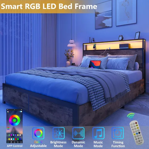 Miniatura 5 de Lifezone Estructura de Cama Full con Cabecero de Almacenamiento de 2 Niveles, Estructura de Cama de Plataforma de Metal con 4 Cajones de Marrón