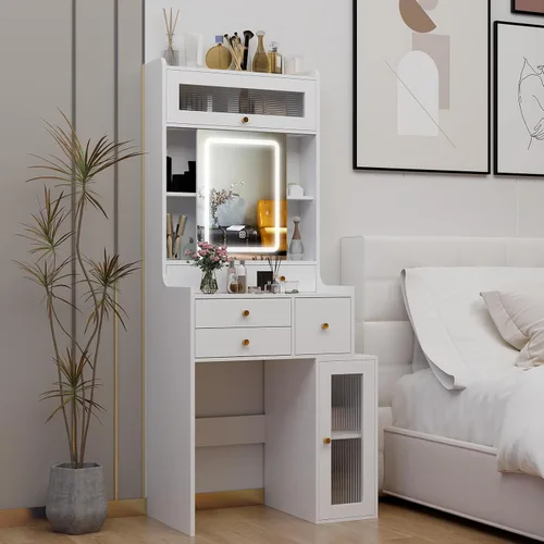 Miniatura 6 de ARTETHYS - Tocador pequeño con espejo deslizante y luces, juego de tocador de maquillaje en color blanco con cajones, mesa de vestir compacta
