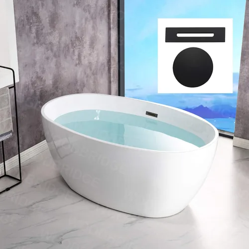 WOODBRIDGE Bañera de acrílico independiente de 55 pulgadas, bañera blanca de remojo contemporáneo con desbordamiento y drenaje negro mate, B1418