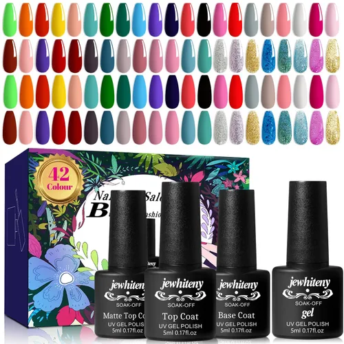 Miniatura 9 de JEWHITENY Juego de 30 esmaltes de uñas de 27 colores, verde, azul, rosa, naranja, Gitter Sock Off Gel Polish con capa base superior mate y brillante