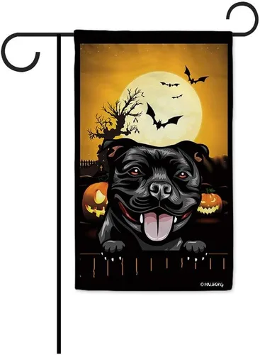 Miniatura 42 de Bandera de jardín de calabaza de Feliz Halloween Jack O'Lantern con perro Rhodesian Ridgeback Halloween Bat Boo Bandera decorativa para patio al