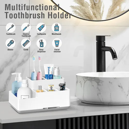 Miniatura 3 de Soporte para cepillo de dientes eléctrico, organizador de baño antideslizante desmontable con 6 compartimentos y agujeros de drenaje, organizador