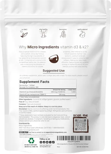 Miniatura 4 de Micro Ingredients Vitamina D3 10,000 UI + K2 MK-7 200 mcg, 300 cápsulas blandas con aceite de coco virgen Complejo vitamínico 2 en 1 de vitaminas