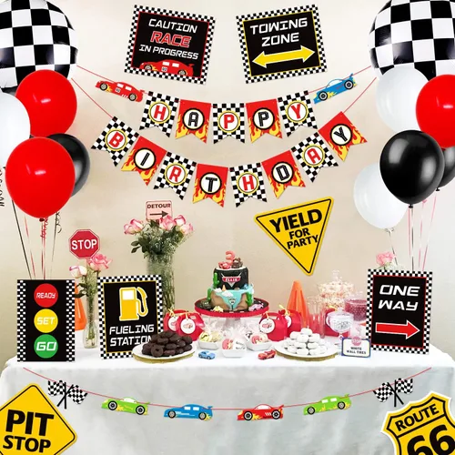 Miniatura 3 de Bessmoso Decoración de fiesta de cumpleaños de coches de carreras, suministros de automóvil, pancarta de feliz cumpleaños, banderas a cuadros