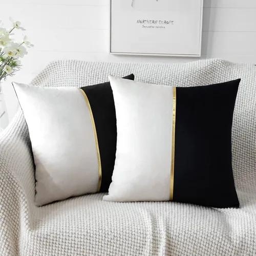 Miniatura 7 de OTOSTAR Fundas de almohada de terciopelo negro y blanco con parche de cuero dorado, lujo moderno minimalista, fundas de cojín cuadradas para sala