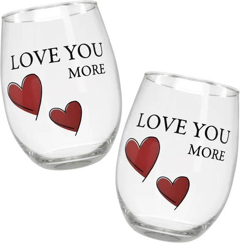 BANBERRY DESIGNS Lover's - Juego de 2 copas de vino sin tallo "Love You More" con corazones decorativos, copas de vino románticas para él y para