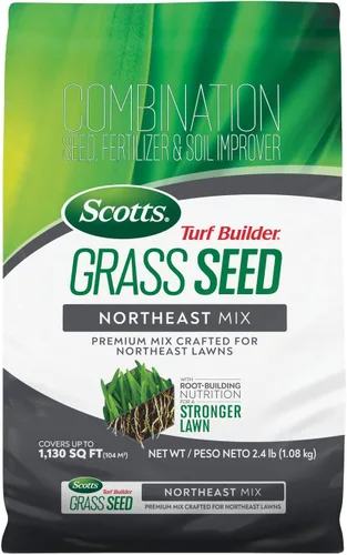 Scotts Turf Builder - Mezcla de semillas de césped Northeast con fertilizante y mejorador de suelo, mezcla premium, 2.4 libras.