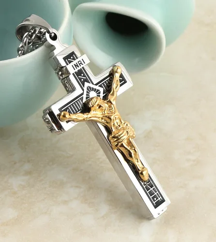 Miniatura 5 de HZMAN Católico Jesucristo en INRI Cruz Crucifijo Oro Plata Tono Acero Inoxidable Colgante Collar 22+2 Cadena