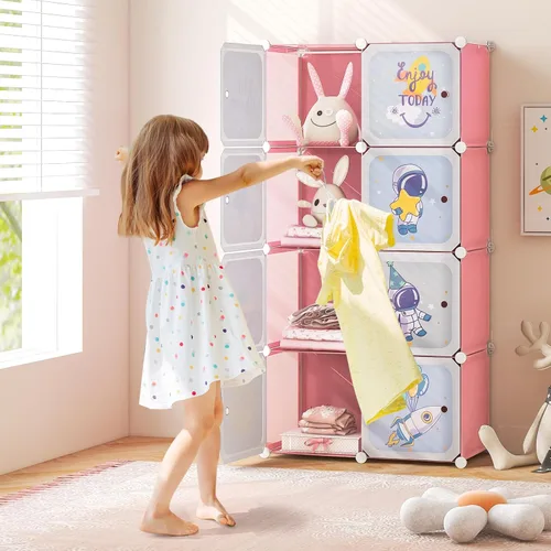 Miniatura 2 de INFANS Armario para niños, armario portátil para bebé, lindo para dormitorio de niños, armario de guardería con puertas, 12 cubos, 2 secciones