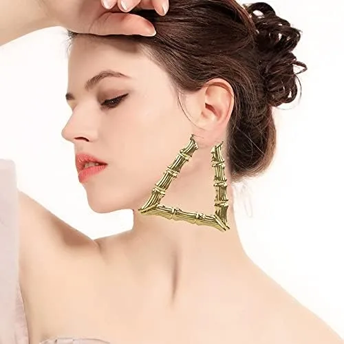 Miniatura 2 de Aretes de aro de bambú dorados Aros de bambú grandes y gruesos para mujer Joyería de hip-hop de los años 90