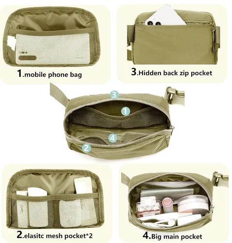 Miniatura 5 de Riñonera Bolsa de Cinturón Bolsa de Cintura Bolsas Cruzadas para Correr, Senderismo, Viajes, Entrenamiento, Correa Ajustable para Mujer, Caqui Caqui