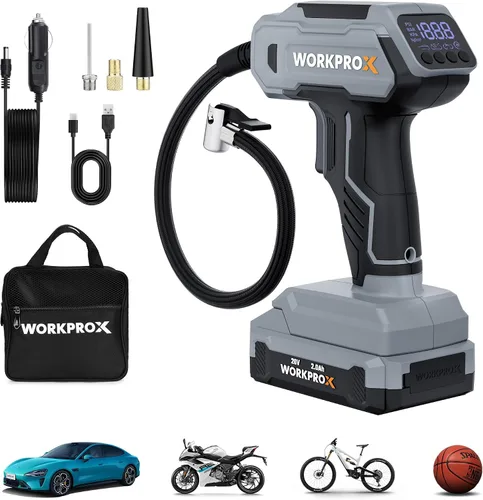 WORKPROX Compresor de aire portátil para inflador de neumáticos, bomba de neumáticos inalámbrica de 150 PSI con medidor de presión digital, inflado